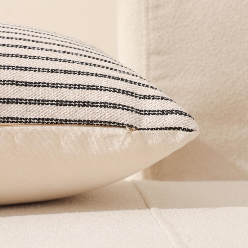 Hckot Black and Beige Patchwork Farmhouse Throw Pillow Covers 22 x 22 Inch  Pack of 2 Striped Linen Decorative Pillow Case for Sofa Couch Chair Bedroom Modern Decor (22"" x 22""  Black) - Image 4